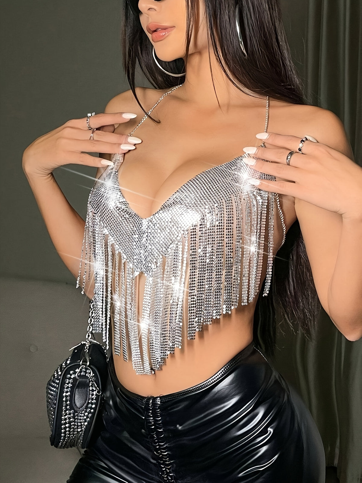 Women's New Spring/Summer Metal Sequin Fringe Camisole Halter Neck Sexy Vest, Hot Revealing Shiny Metal Strap Top for Parties, Nightclubs, Music Festivals - Silvery Grey