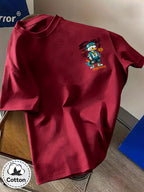 Pure Cotton Crew Neck T-Shirt, Unisex, Trendy Cool Duck, No. 13 Jersey, Multi-Element Badge, Double-Sided Front and Back Print with Letters, Breathable and Non-Sticky Back, Casual and Versatile, Suitable for Commuting, Sports, Outdoor Travel - Burgundy