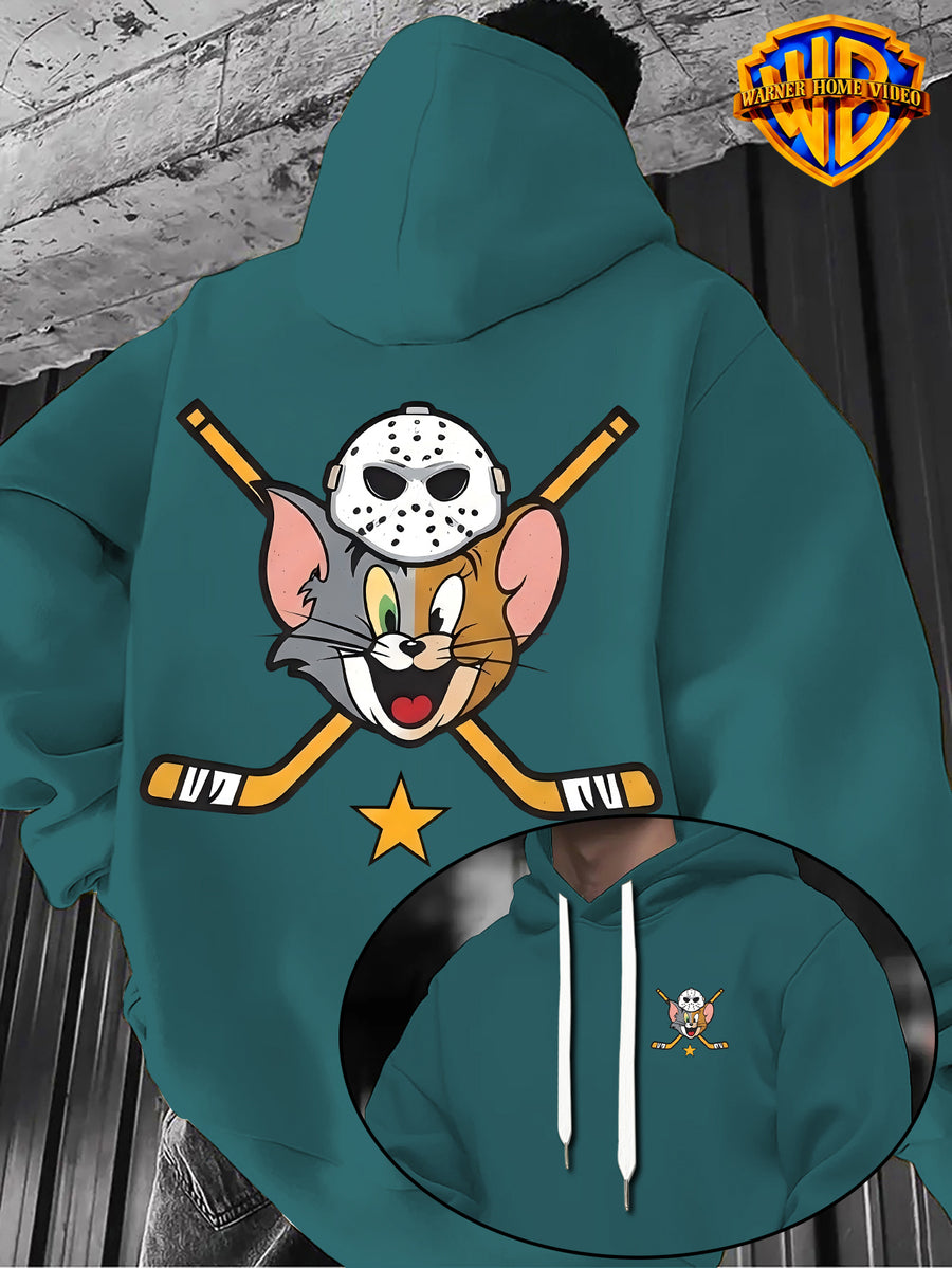 [Officially Licensed by Warner Bros] 1pc, American Retro League Badge Cartoon Character Creative Casual Hoodie - Men'S Fashion Sweatshirt with Double-Sided Print, Adjustable Drawstring Loose Comfortable Hoodie, Suitable for Daily And Outdoor Wear - Green
