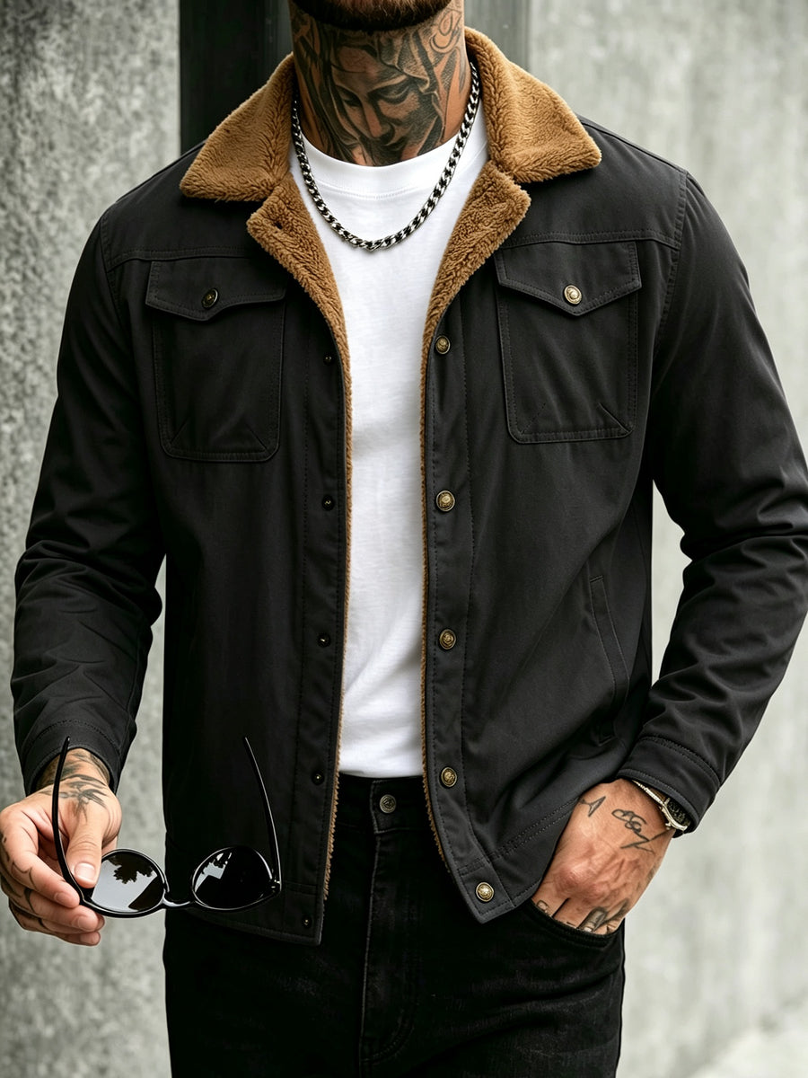 2026 European American New Men'S Mature Stable Fleece Warm Jacket Cargo Casual Easy Outing Commuting Coat - Black