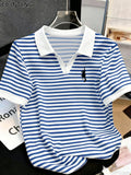 New Summer V-Neck Lapel Striped Polo Shirt for Women, Regular Shoulder Fit, Classic Striped Design, Short Sleeves with  Cute and Playful Cat Graphic Print, Versatile Top for Casual Daily Wear and Commuting - Blue