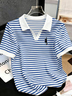 New Summer V-Neck Lapel Striped Polo Shirt for Women, Regular Shoulder Fit, Classic Striped Design, Short Sleeves with  Cute and Playful Cat Graphic Print, Versatile Top for Casual Daily Wear and Commuting - Blue