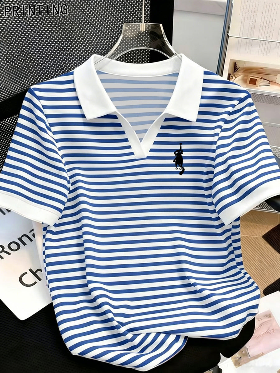 New Summer V-Neck Lapel Striped Polo Shirt for Women, Regular Shoulder Fit, Classic Striped Design, Short Sleeves with  Cute and Playful Cat Graphic Print, Versatile Top for Casual Daily Wear and Commuting - Blue