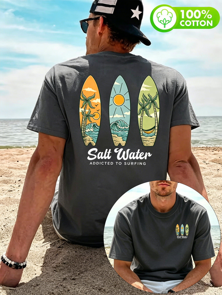 Men'S 100% T-Shirt, "Salt Water" Vintage Surfboard Front And Back Print Design, Casual Trendy Street Sport Short Sleeve T-Shirt Summer New Style, Round Neck Short Sleeve Summer Top, Casual Street Style, Suitable for Summer Daily Outdoor Wear - Dark Gray
