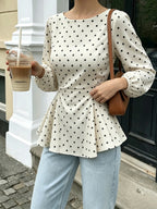 Women'S Cream White Black Polka Dot Ruffled Blouse, Boat Neck Puff Long Sleeve Slim Waist Flared Hem Casual Office Top - White