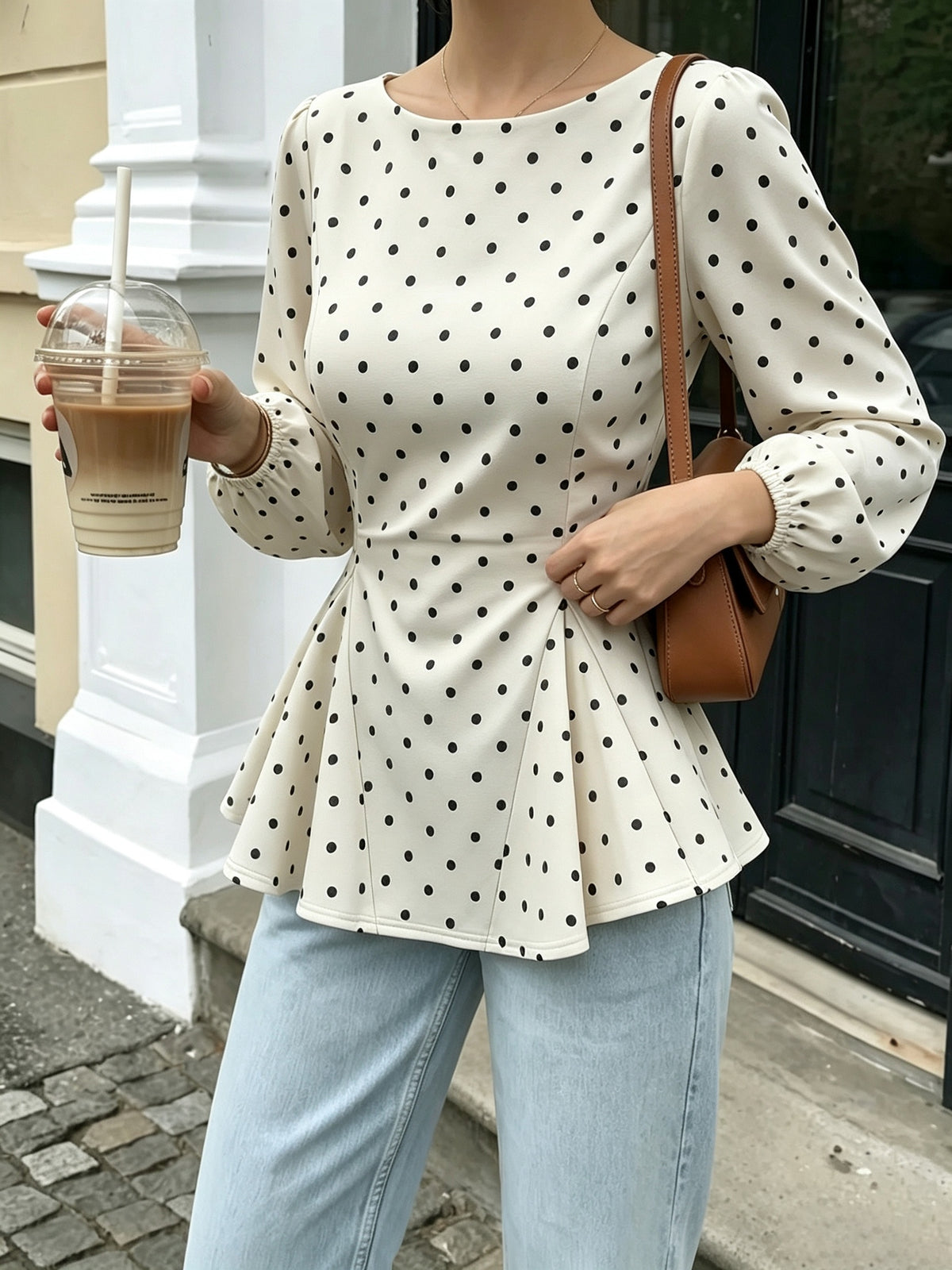 Women'S Cream White Black Polka Dot Ruffled Blouse, Boat Neck Puff Long Sleeve Slim Waist Flared Hem Casual Office Top - White