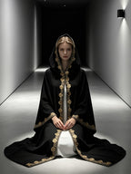 Black Abaya with Hood, Luxurious Golden Floral Embroidery Trim, Women'S Modest Open Front Long Robe, Elegant Dubai Islamic Muslim Ramadan Wedding Evening Dress Suitable for All Occasions - Black