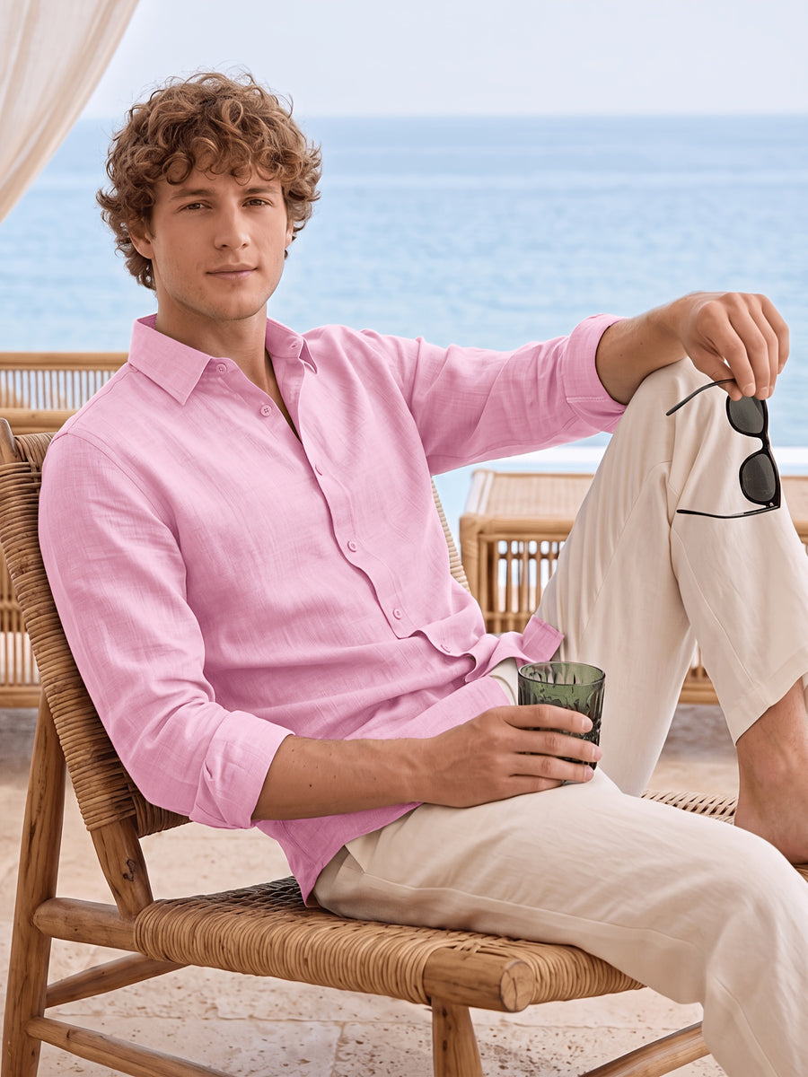 Men'S Anti-Moth Long-Sleeved Square-Neck Shirt, Lightweight And Breathable Solid Color Business-Casual Shirt, Loose-Fitting All-Match Basic Shirt for Spring And Summer Commuting And Vacation. Available in Multiple Colors - pink