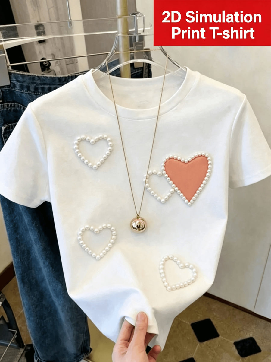 [Printed Design - Not Textured] Women'S White Trendy Coquette Heart Print T-Shirt, Elegant Graphic Design, Soft Casual Daily Top - White 3