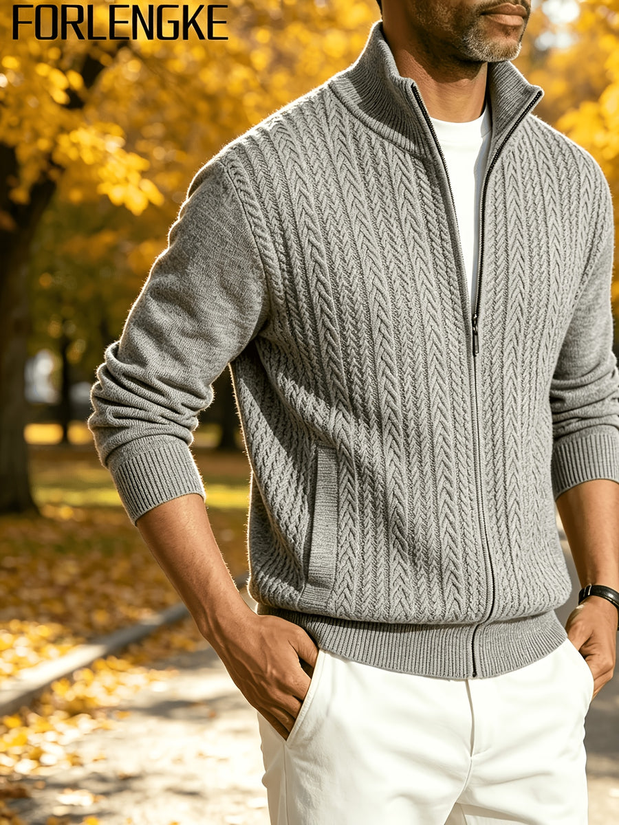 FORLENGKE Men'S Business Casual Stand Zip Cable Knit Cardigan, Soft Warm Long Sleeve Knitted Jacket for Fall Winter Office Daily Wear - Light Grey