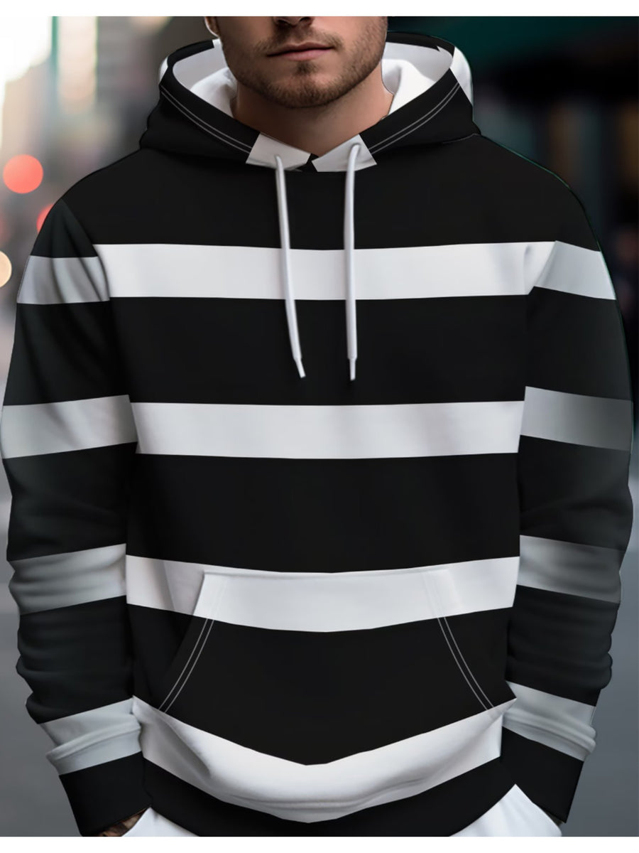Men'S Autumn Lightweight Casual Hooded Top with Drawstring And Pocket, Black And White Striped Artistic Pattern, Suitable for Shopping, Outings, Social Gatherings, And Various Occasions - Mixed colors
