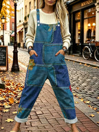 [Printed Pants - Not Denim Fabric]Autumn Retro Faux Denim Digital Print Bear Pattern Overalls Women'S Loose Straight Leg Sweater Layering Casual Pants - Mixed colors