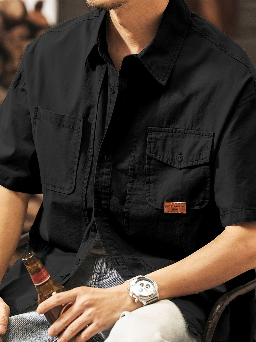Men's Casual Short Sleeve Shirt, Blend Workwear Button Shirt with Multi Pockets, Solid Color Loose Fit, Breathable Summer Tops for Outdoor Daily WearMen's Multi-Pocket Short Sleeve Work Shirt, Casual Loose Fit Blend Button Shirt for Daily & Outdoor - Black