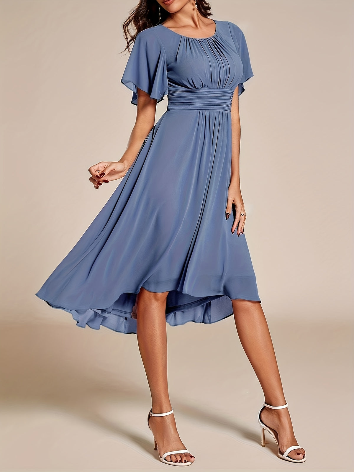 Elegant Pleated Sleeve Formal Bridesmaid Dress Formal Wedding Guest Dress - Blue