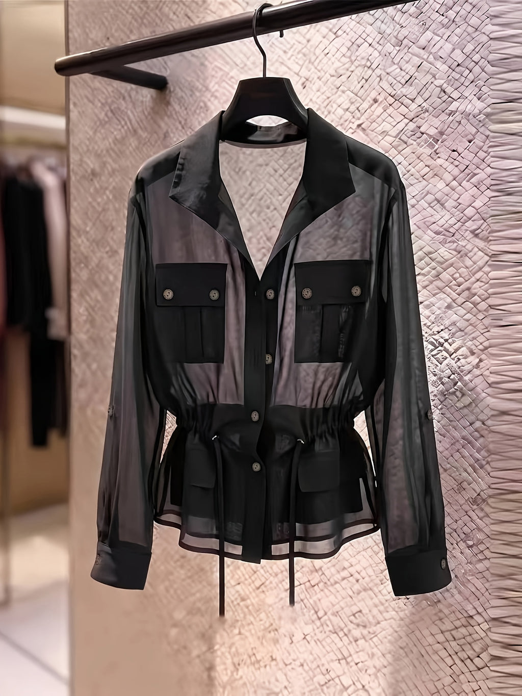 Drawstring Waist Chiffon Shirt, Lapel Collar with Cargo Pockets - Black