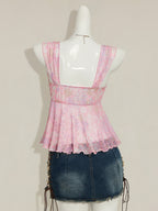 Women'S Ditsy Floral Asymmetrical Hem Cute Floral Top, Cute Summer Top Autumn Women'S Wear Niannian - Bright Pink Color