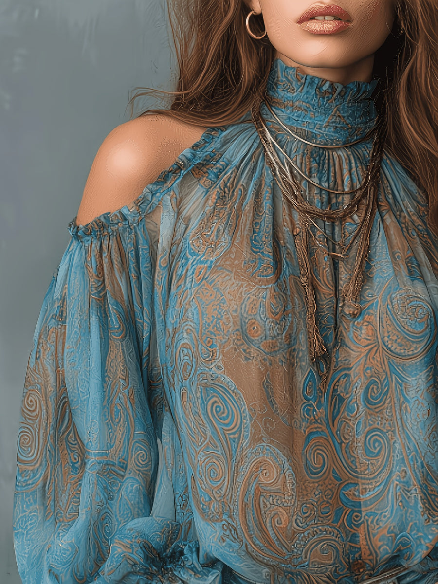 High-neck Off-shoulder Crinkle Shirt, Printed Lantern-sleeve Semi-sheer Top, a Lightweight and Elegant Blouse for Spring and Summer, Ideal for Vacations, Dates, and Daily Wear - Multicolor