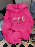 Women's Fashion Hoodie with Three Cups of Coffee H's COFFE TIME Print Kangaroo Pocket Long Sleeve Sweatshirt for Autumn and Winter, Ideal for Daily Casual Wear, Outings, and Parties - Rose Red