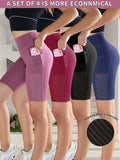4pcs New Women's Fashion Shorts, Outdoor Sports Pants, Butt-Lifting Tummy Control Leggings, Breathable Moisture-Wicking Comfortable Casual Shorts, Knee-Length Pants - Black+Bean Paste+Dark Red+Navy Blue