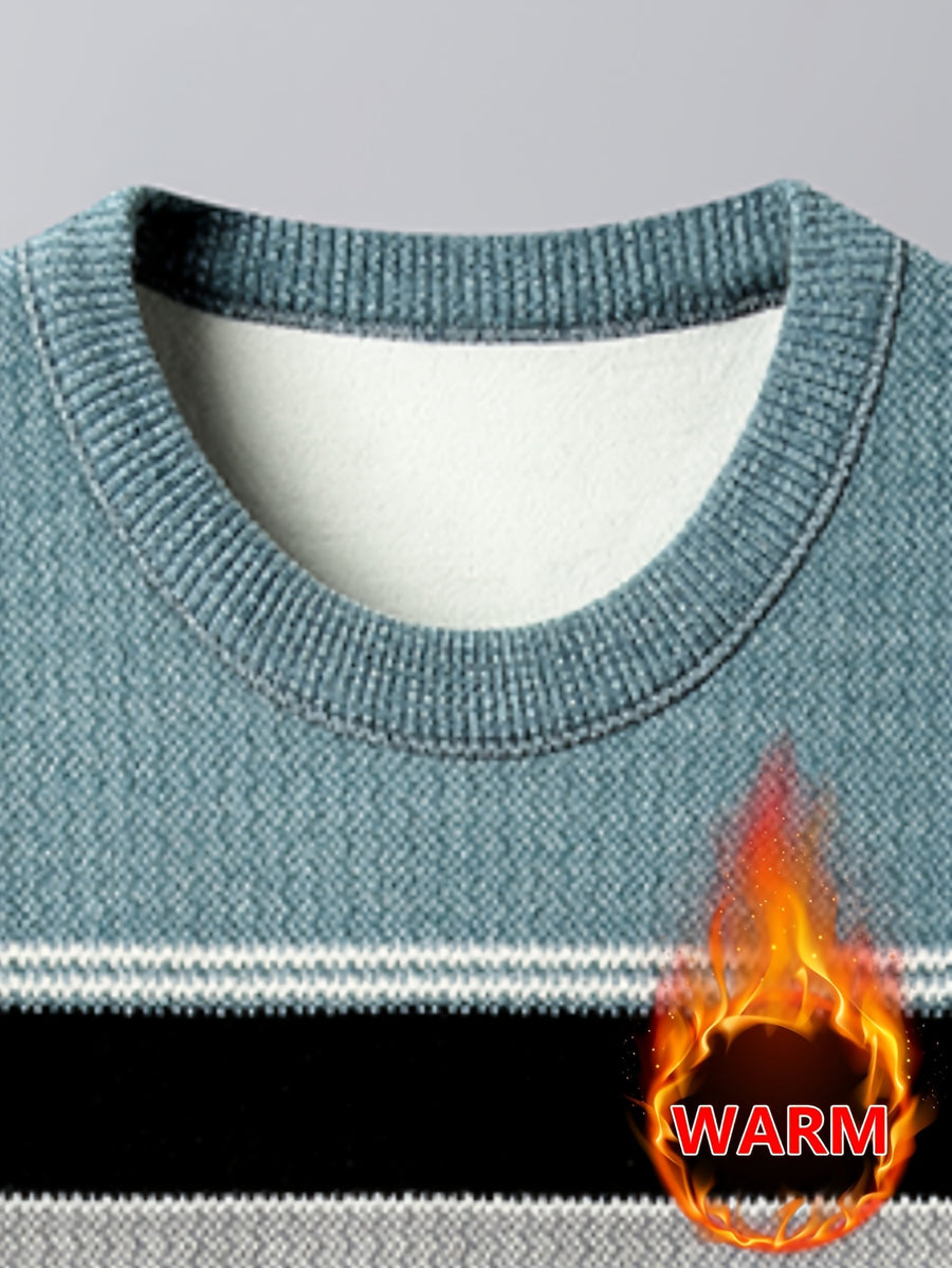 Minimalist Urban Fleece Round Neck Sweater Warm City Casual, Knit - Blue