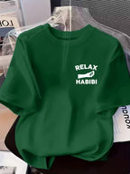 Front And Back Printed Women'S Fashion Base Print T-Shirt, Soft And Versatile, Casual Style Printed Pattern with RELAX HABIBI Lettering And Hand Gesture Design Printed Short Sleeve T-Shirt, Suitable for Casual Wear, Fashion All-Season Top - Green