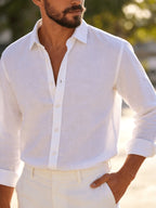 Single Piece Loose and Comfortable Men's Long Sleeved Shirt, with a Simple and Versatile Solid Color Style, Button Opening and Closing Design, Suitable for Casual Daily Wear. - White