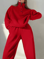 European and American Women's fashion ladies' body builders casual red suit s casual pure color loose waist, a versatile loose suit 2025 - Red