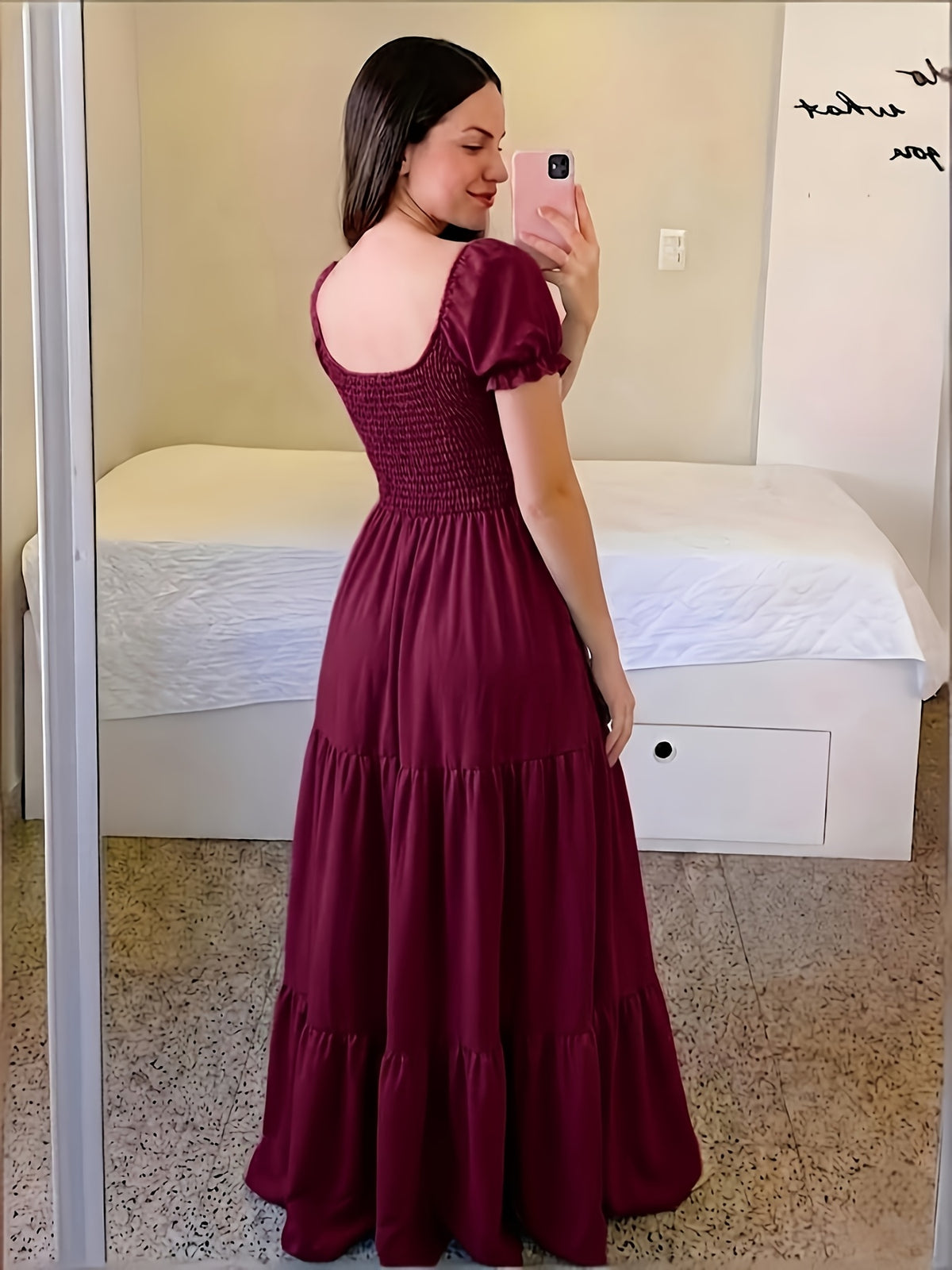 Four-Season Suitable Dress, Y2K Women's New Solid Color Square Neck Tie-Back Long Dress, Suitable for Streetwear, Commuting, Parties, Social Events, Vacations, Christmas, New Year, Valentine's Day, Women's New Clothing M186 - Burgundy
