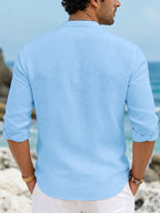 Men'S New Casual Stand-Collar Long Sleeve Shirt, Faux Linen Skin-Friendly Soft Breathable, Personalized "GK" Letter Print Button-Up Top, Suitable for Beach Activities, Island Vacation Style And Party Casual Commute - Light Blue