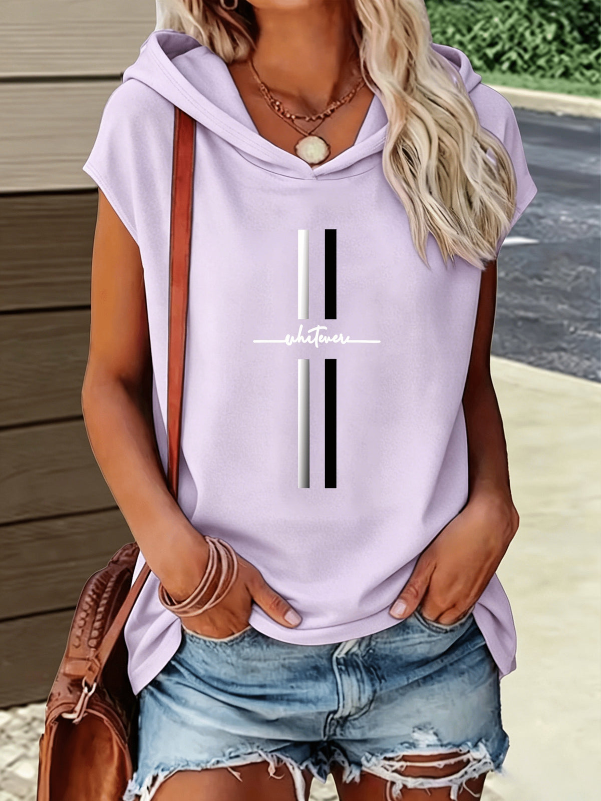 1pc Hooded T-Shirt with Easy Letter Print Design, Loose And Casual Style, New Summer Y2K Style Women'S Casual Sportswear, Elegant, Fashionable, And Comfortable T-Shirt Top - Light Purple