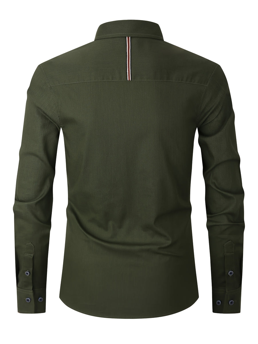 Men'S Casual Shirt, Spring/Autumn Style Linen-Like Collar Long Sleeve Versatile Solid Color Shirt, Minimalist Letter Print on Chest, Slim Fit Slimming Business Casual Top, Youth Daily Commute Versatile Men'S Clothing - Olive Green