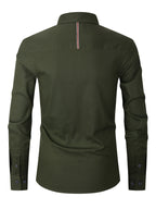 Men'S Casual Shirt, Spring/Autumn Style Linen-Like Collar Long Sleeve Versatile Solid Color Shirt, Minimalist Letter Print on Chest, Slim Fit Slimming Business Casual Top, Youth Daily Commute Versatile Men'S Clothing - Olive Green