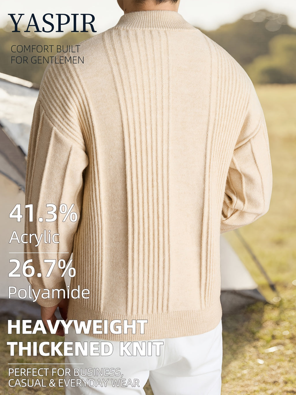 Autumn Winter Men'S Solid Color High Neck Cardigan, Solid Color Striped Design, Casual Elegant Old Money Style, Heavyweight Thick Warm Cold Resistant, Suitable for Daily Casual Sports Outdoor Camping Fishing Wear, Ideal Father'S Day Gift - Beige Yellow
