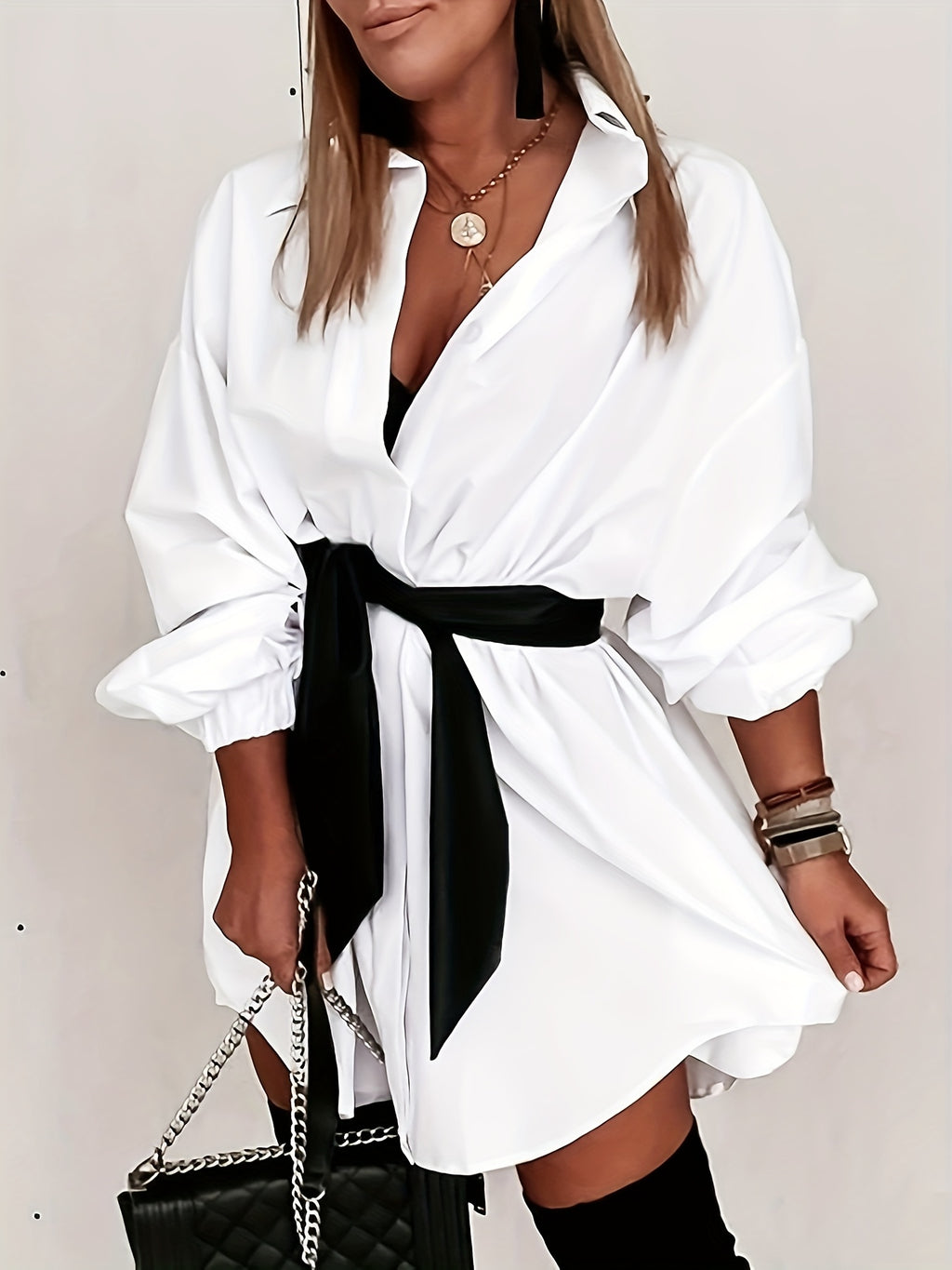 White Women'S Long Sleeve Shirt Dress with Belt - White