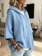 Women's Casual Hooded Drawstring Top Loose Off-Shoulder Wide 3/4 Sleeve Soft Sweatshirt Oversized Body-Covering Batwing Sleeve Pullover Ribbed Hem Solid Color Slouchy Hoodie - Sky Blue
