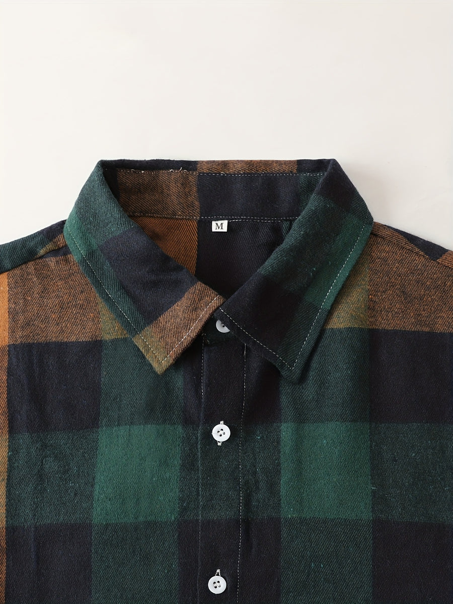 Home Men'S Autumn Single-Button Casual Checkered Shirt, Long Sleeve - Green