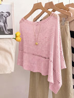 Women's Hollow-Out Cape Top, Boat Neck Irregular Hem Summer Beach Cover-Up, Seaside Bohemian Vacation Style Casual Top, Lightweight Breathable Loose Knitwear, Mesh Detail Horizontal Stripes, Relaxed Layering Style, Suitable for Holidays, Daily Wear - Pale Pinkish Gray