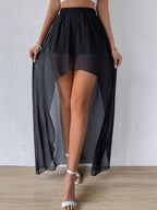 Summer Chiffon Sexy Sheer Oversized Flared Skirt, Irregular Front Short Back Long, Flowy and Refreshing Chiffon Maxi Skirt Hip-Hugging Skirt/with Lining - Black