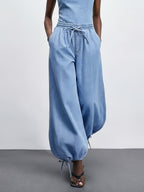 26AW Women's Fashion Stretch Denim Pants, Washed Light Blue, Elastic Waist with Drawstring, Bell-Bottom Hem with Fabric Tie, Loose and Comfortable Fit - Powder blue