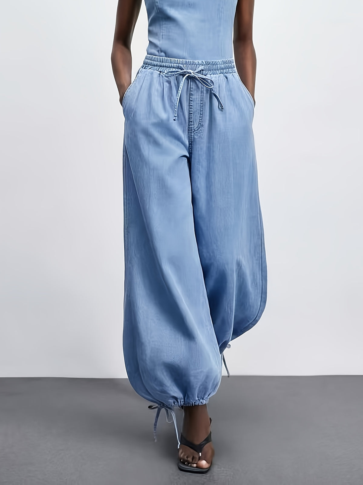 26AW Women's Fashion Stretch Denim Pants, Washed Light Blue, Elastic Waist with Drawstring, Bell-Bottom Hem with Fabric Tie, Loose and Comfortable Fit - Powder blue