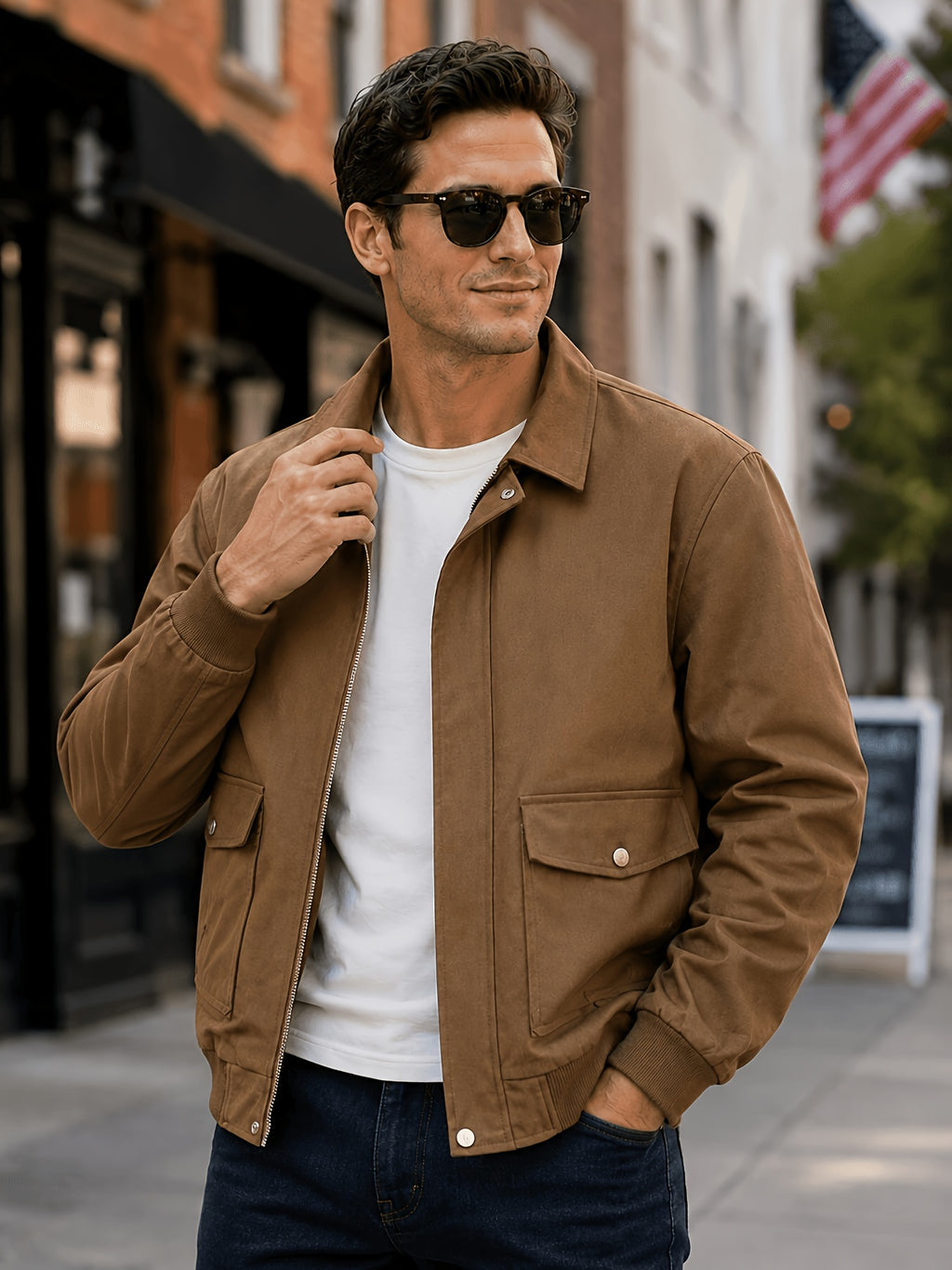 Men's Lapel Collar Bomber Jacket, Zip-Up Snap Button Outerwear with Flap Pockets for Spring Fall Retro Daily Wear - Khaki