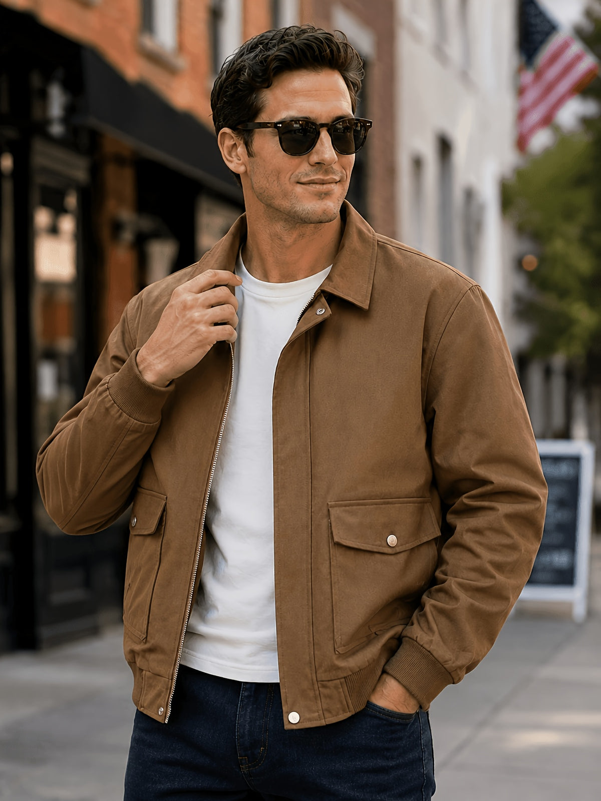 Men's Lapel Collar Bomber Jacket, Zip-Up Snap Button Outerwear with Flap Pockets for Spring Fall Retro Daily Wear - Khaki
