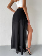 99121134 Solid Color Split Thigh Elastic Waist Skirt Extra Long Women'S Clothing - Black