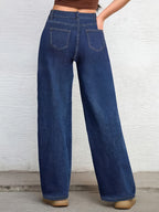 Women'S Low-Rise Straight-Leg Denim Jeans - Deep Blue Casual Pants with Pockets, Stretch Fabric, Loose Fit for All-Season Wear, Versatile for Outings & Home Leisure, Allseason Jeans | Straight Leg Jeans | Comfortable Wear - Deep Blue