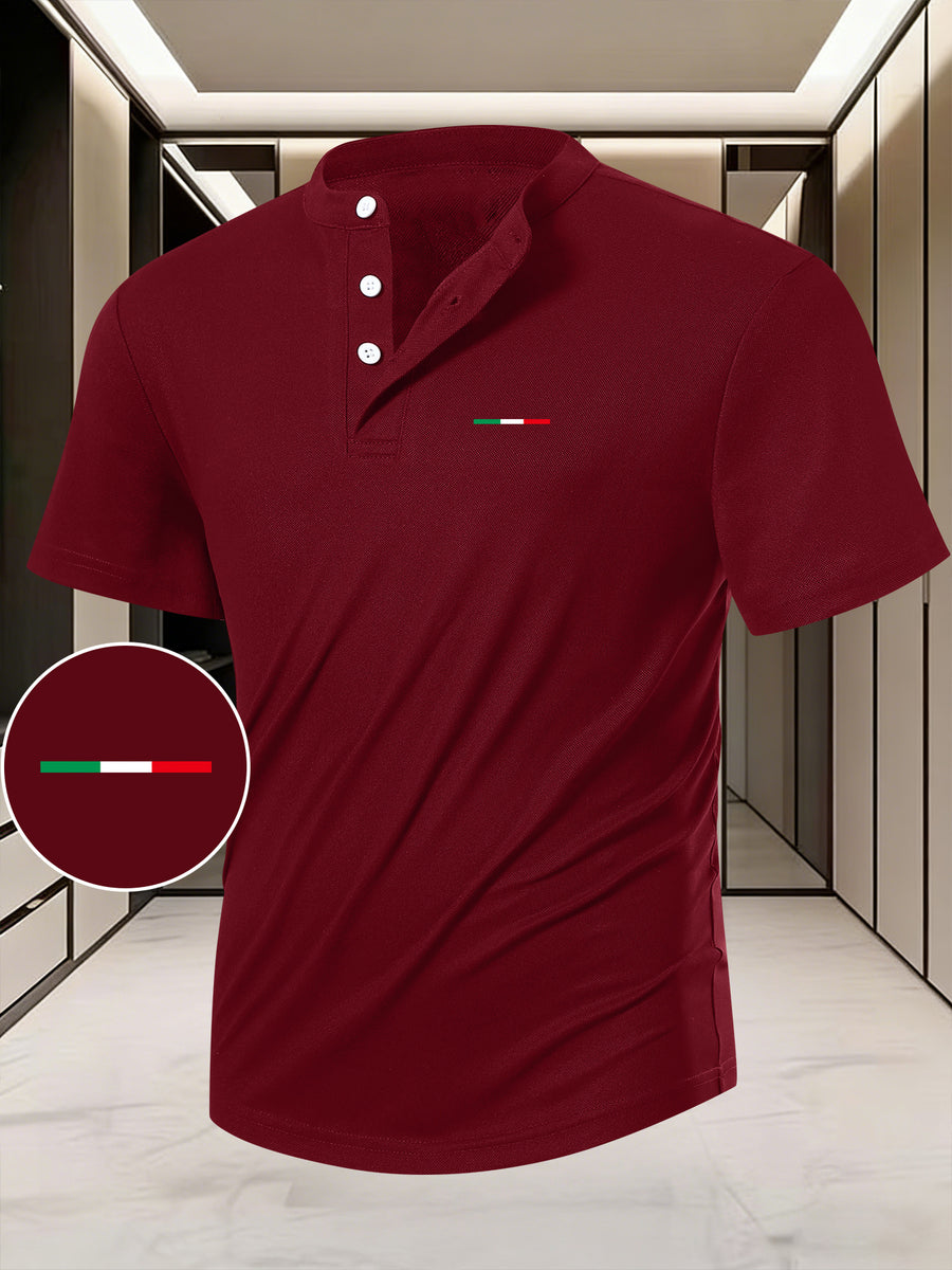 Men's Summer Short-Sleeve Henry Button-Front Shirt - Breathable Round Neck T-Shirt Suitable for Outdoor & Daily Wear, Casual Button Collar Blouse Style Top, Machine Washable Regular Fit for Warm Weather Wardrobe - Burgundy