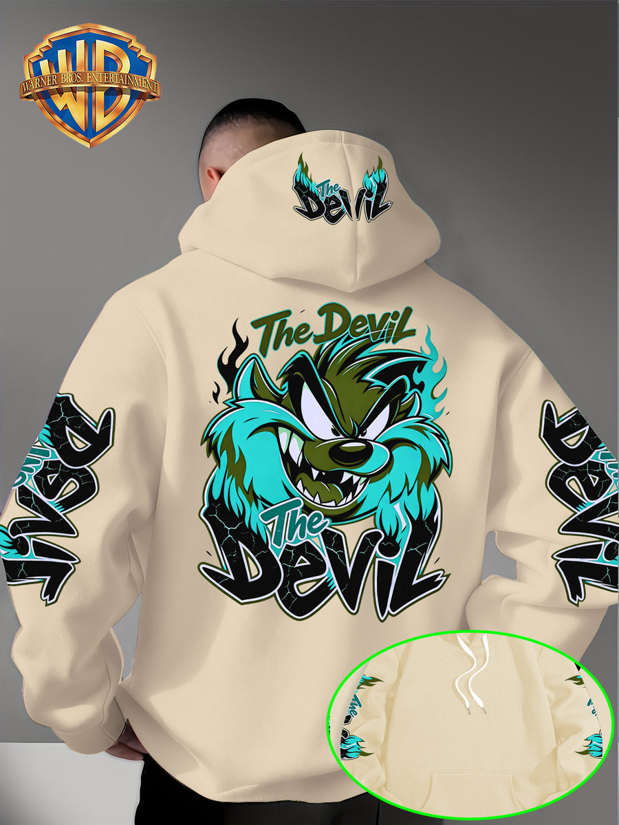 Le Yitong Big Mouth Monster The Devil Flame Print Hoodie, with Sleeve Print Design, Kangaroo Pouch And Drawstring Hood, Suitable for Autumn/Winter Casual Wear And Outdoor Activities - Apricot