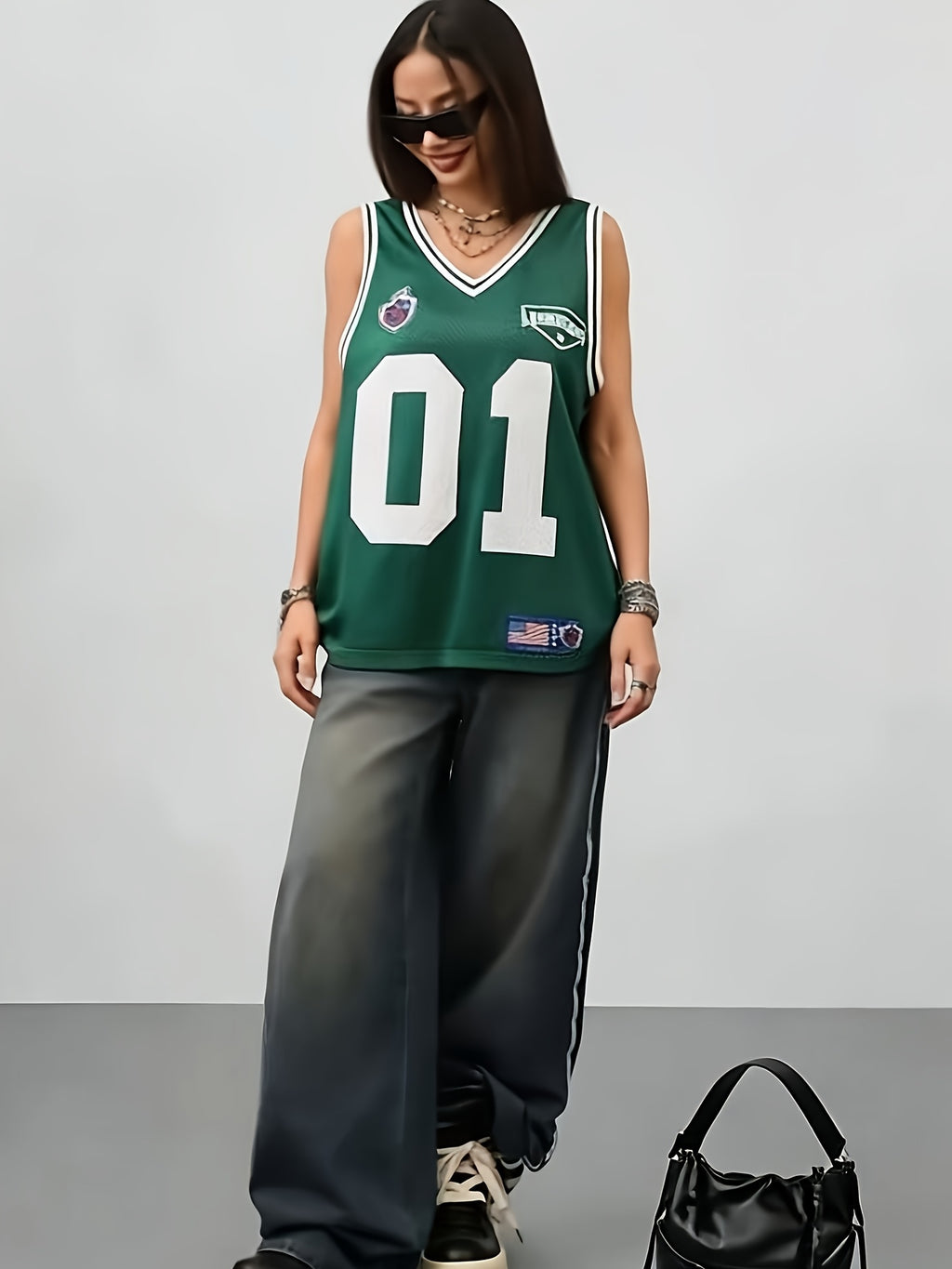 Women's Spring/Summer Street Style Breathable Mesh Digital Print Basketball Tank Top - fern green