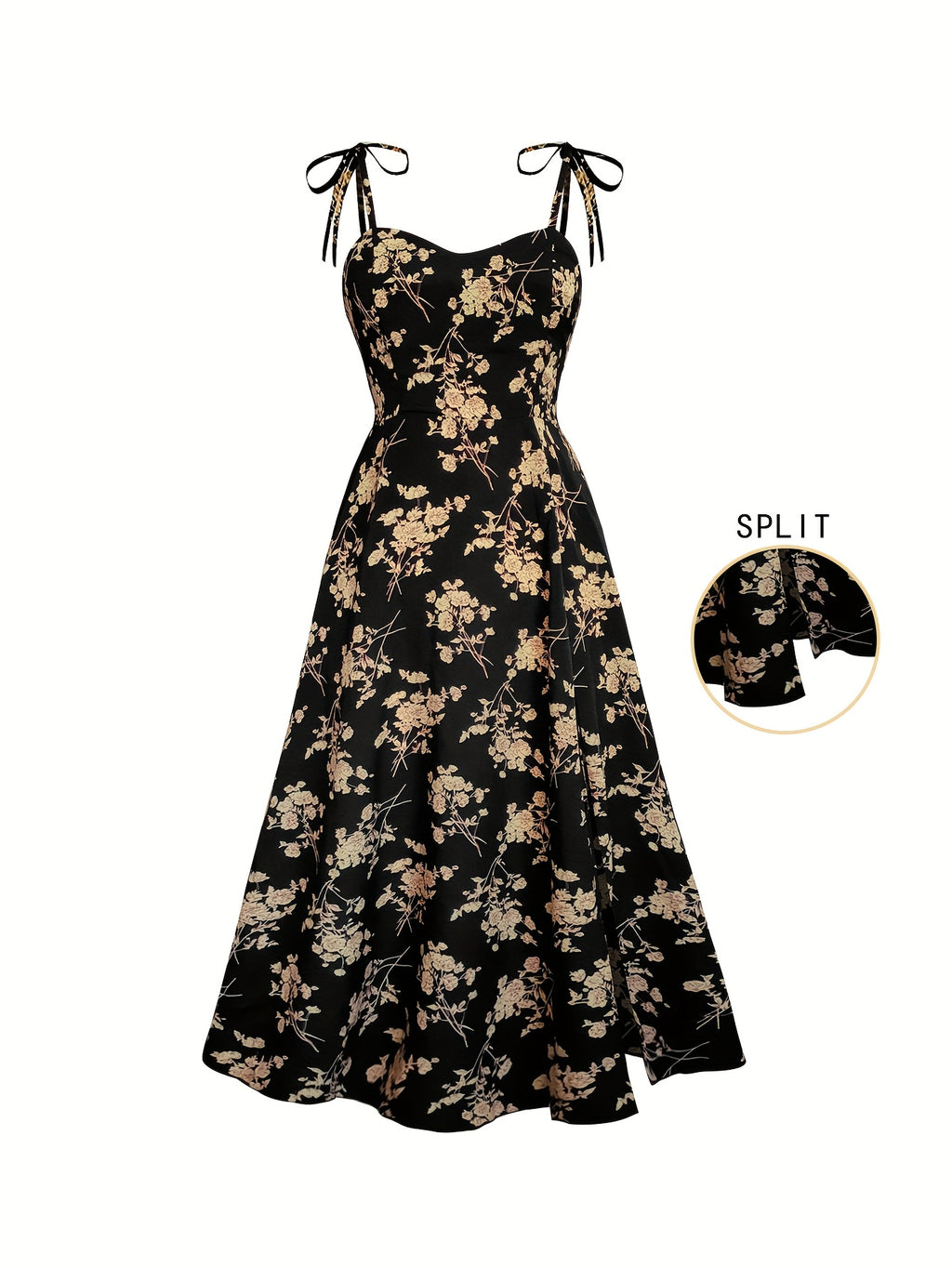 Fashionable Women'S Floral A-Line Dress with a Split Hem, Thin Shoulder Straps, And a Bow Tie Detail - Mixed colors