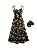 Fashionable Women'S Floral A-Line Dress with a Split Hem, Thin Shoulder Straps, And a Bow Tie Detail - Mixed colors