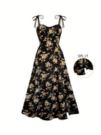Fashionable Women'S Floral A-Line Dress with a Split Hem, Thin Shoulder Straps, And a Bow Tie Detail - Mixed colors
